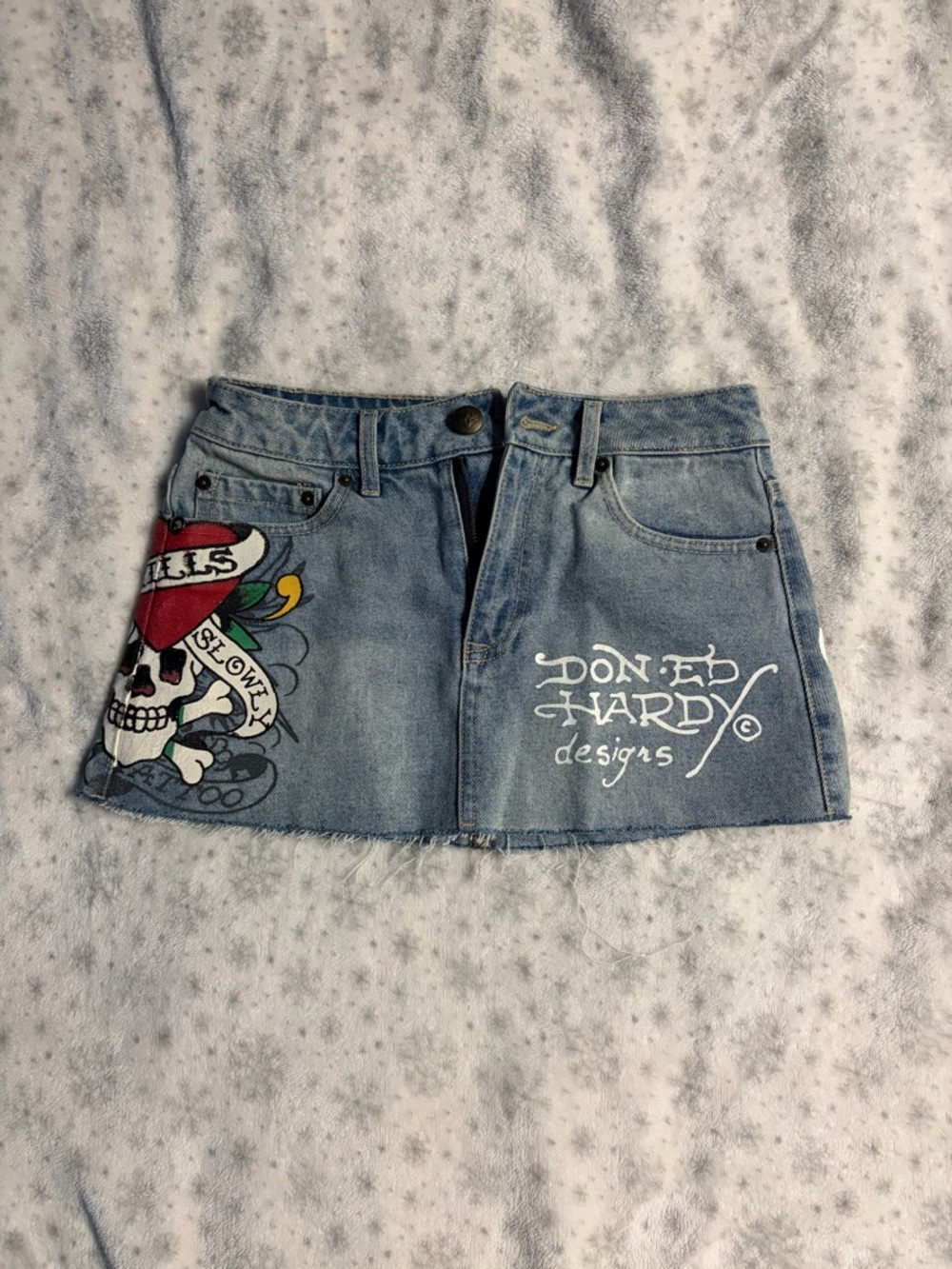 Ed Hardy Light Blue Denim Mini Skirt with Skull Graphic